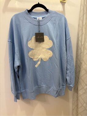NWT Le Lis Blue Gingham Clover Oversized Sweatshirt Pullover